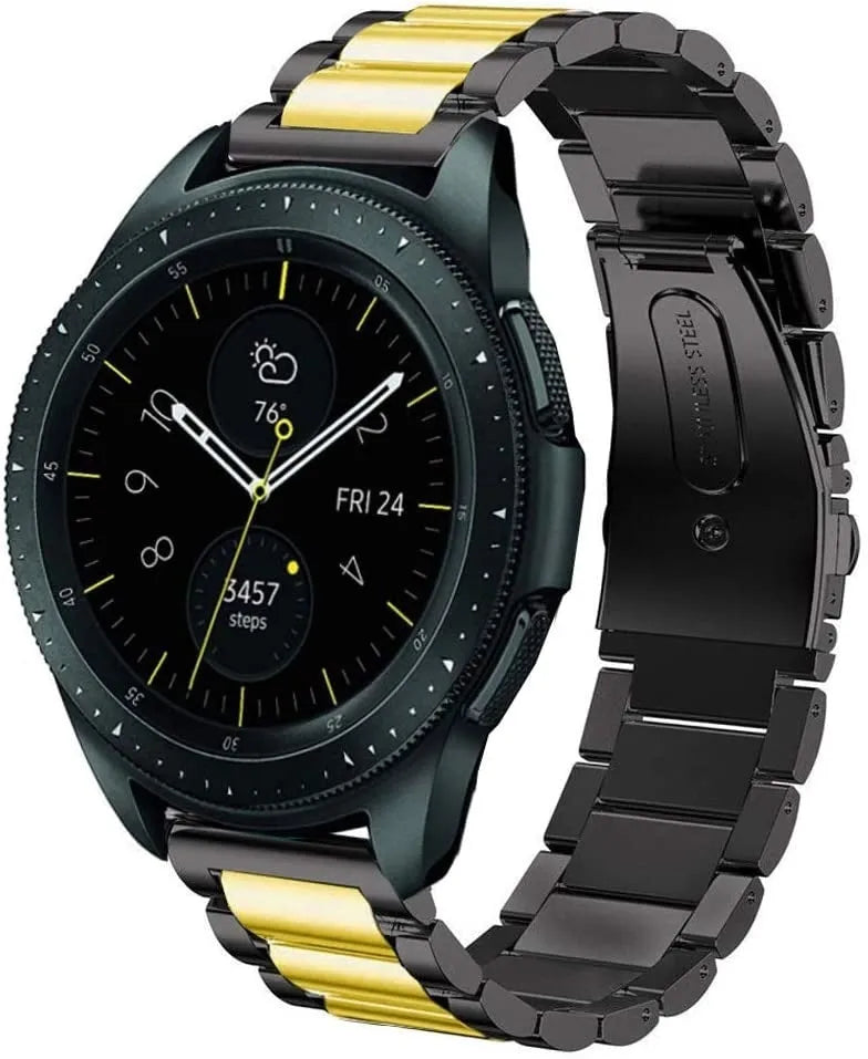 Steel Strap, black/gold, on a watch, 3/4 front view
