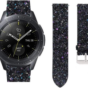 Leather Strap with Glitters, black, on a watch, 3/4 front view