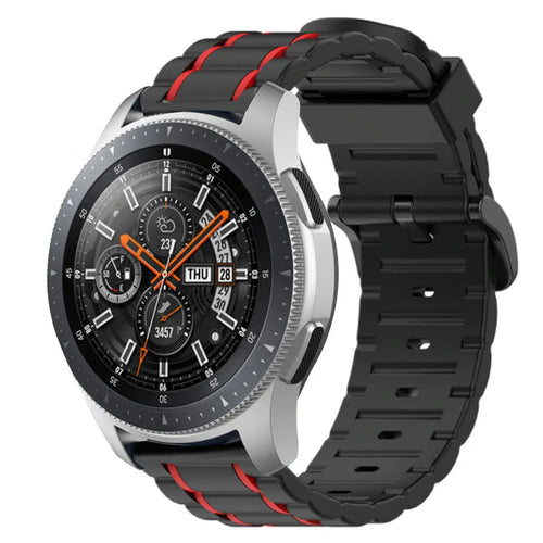 Silicone Sport Strap with Buckle, black/red, on a watch, 3/4 front view