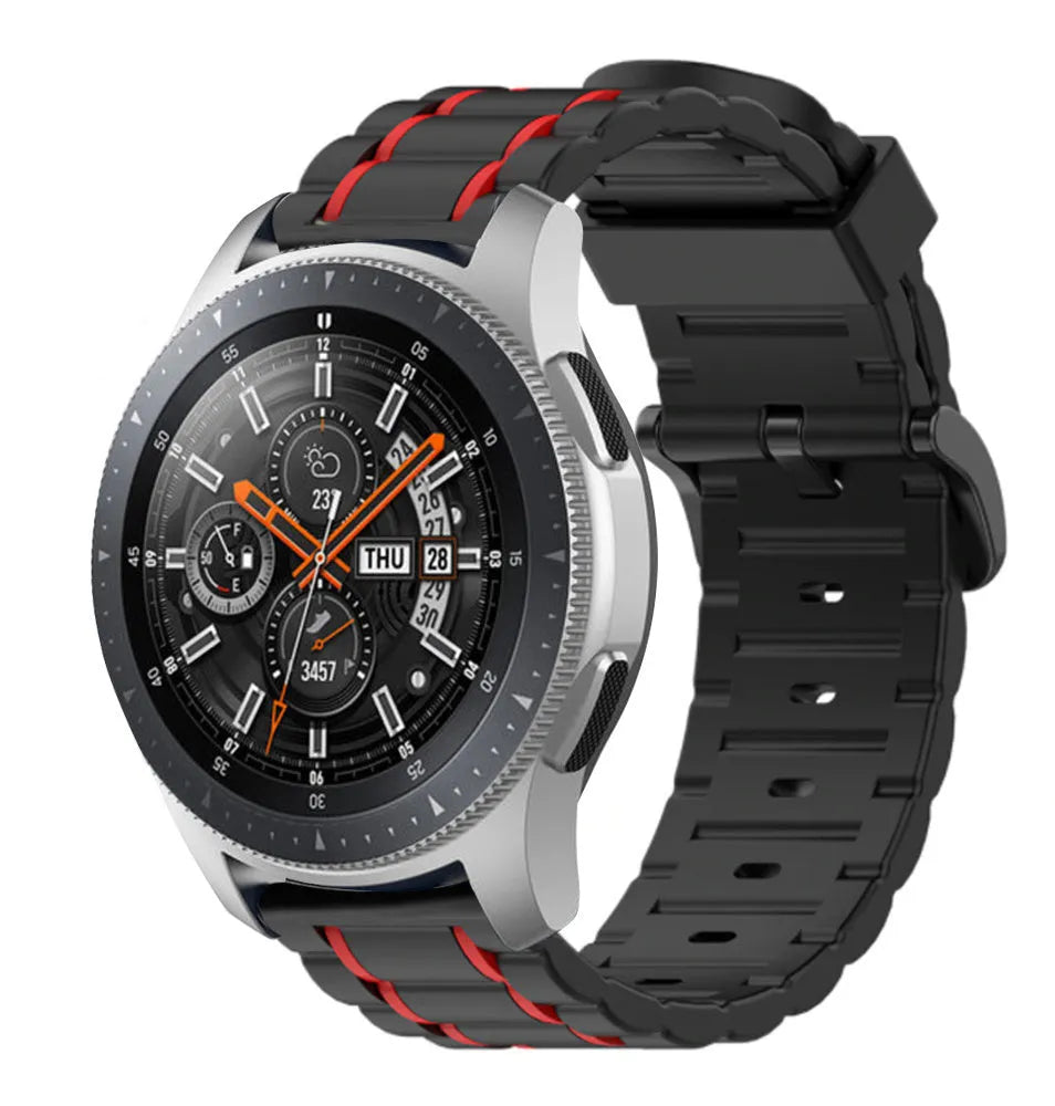 Silicone Sport Strap with Buckle, black/red, on a watch, 3/4 front view