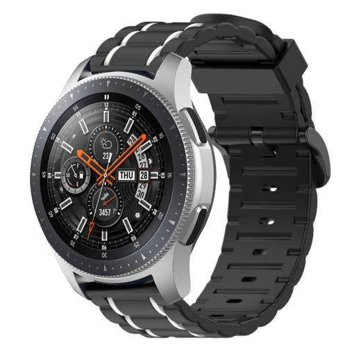 Silicone Sport Strap with Buckle, black/white, on a watch, 3/4 front view