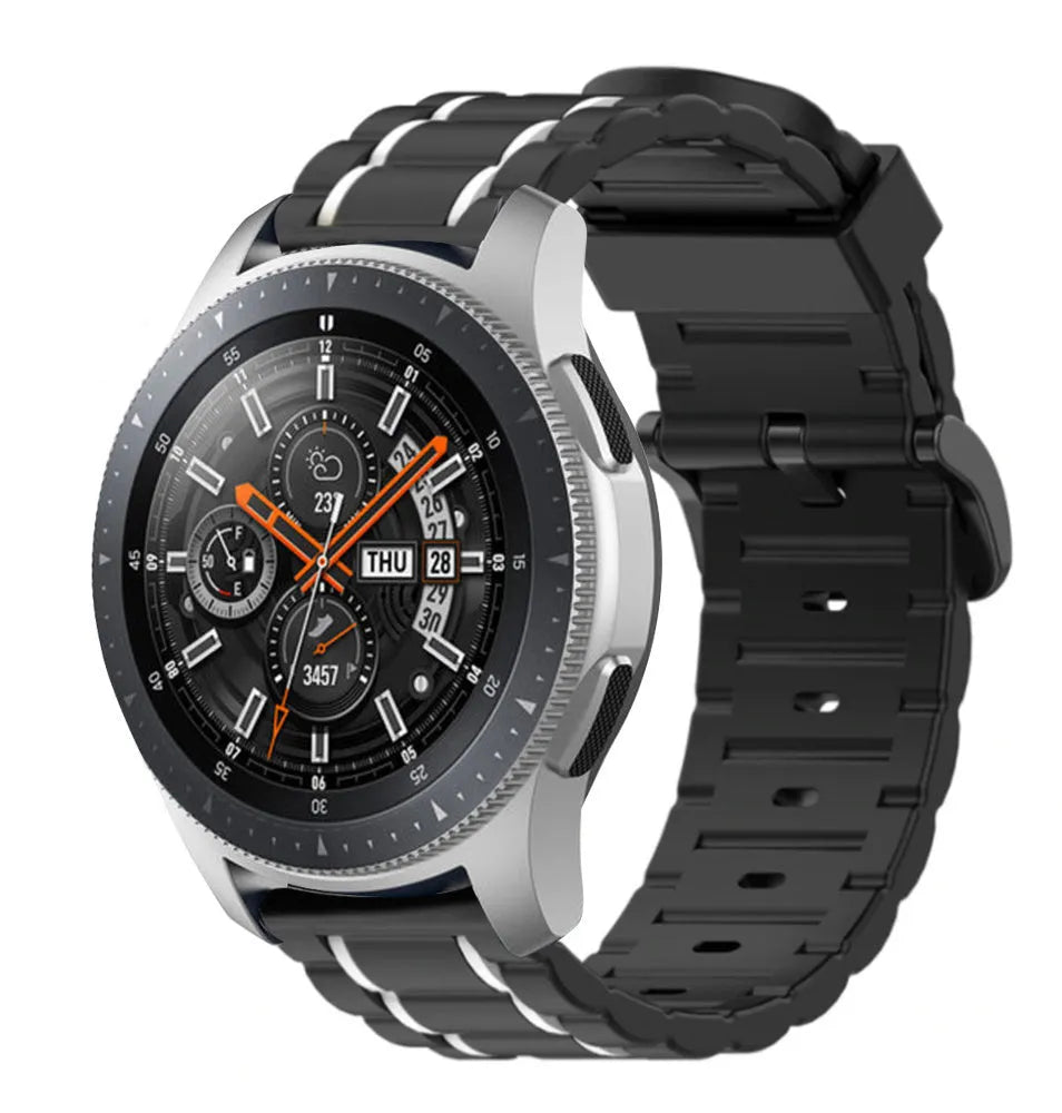Silicone Sport Strap with Buckle, black/white, on a watch, 3/4 front view