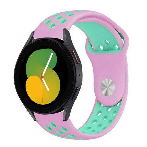 Silicone Sport Strap, pink/aqua, on a watch, 3/4 front view