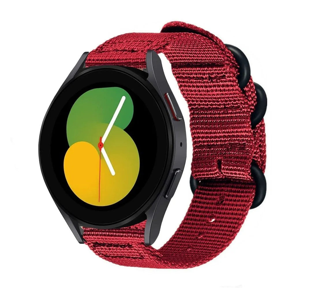 Nylon Buckle Strap, red, on a watch, 3/4 front view