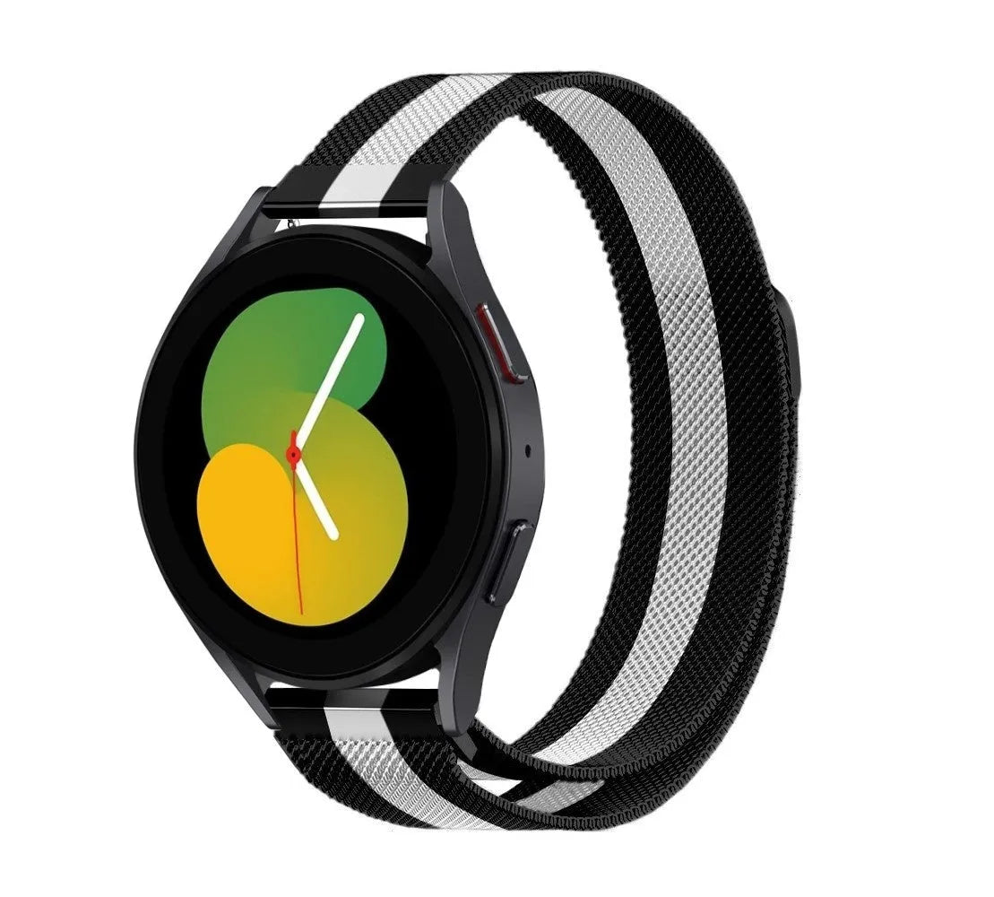 Milanese Strap, black/white, on a watch, 3/4 front view