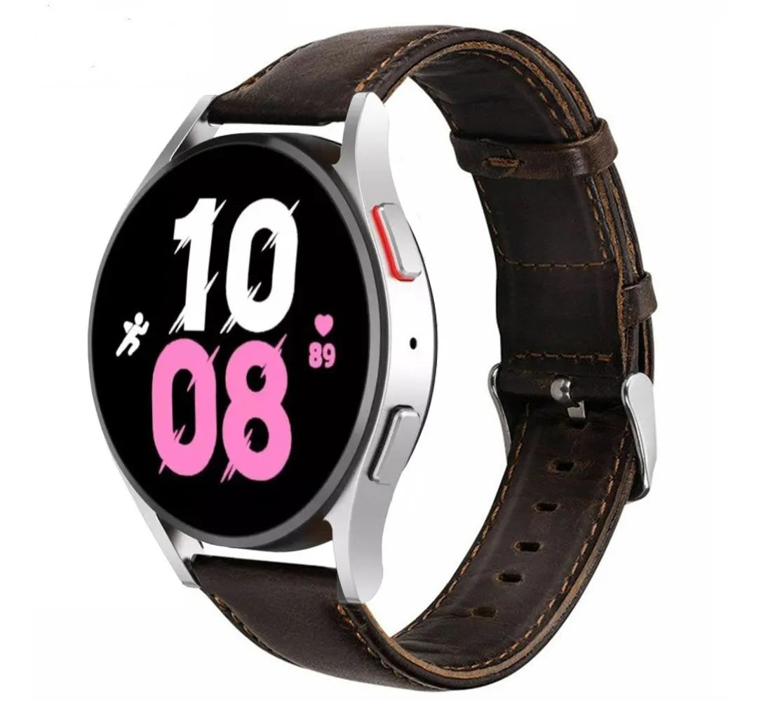 Leather Strap, dark brown, on a watch, 3/4 front view