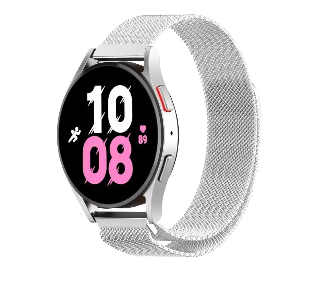 Milanese Strap, silver, on a watch, 3/4 front view