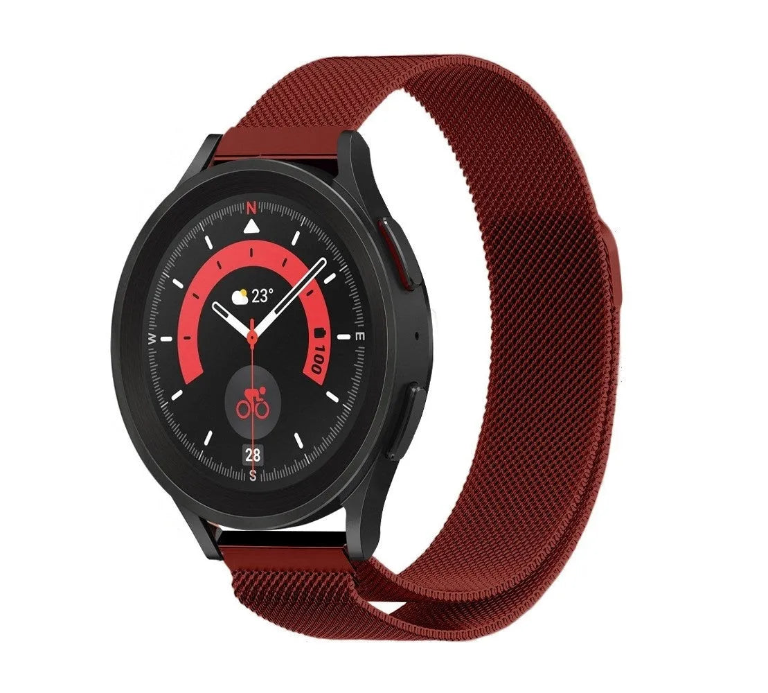 Milanese Strap, red, on a watch, 3/4 front view