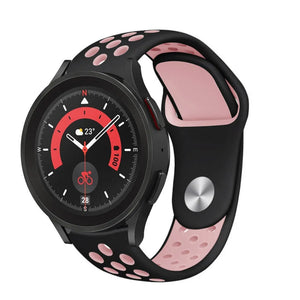 Silicone Sport Strap, black/pink, on a watch, 3/4 front view