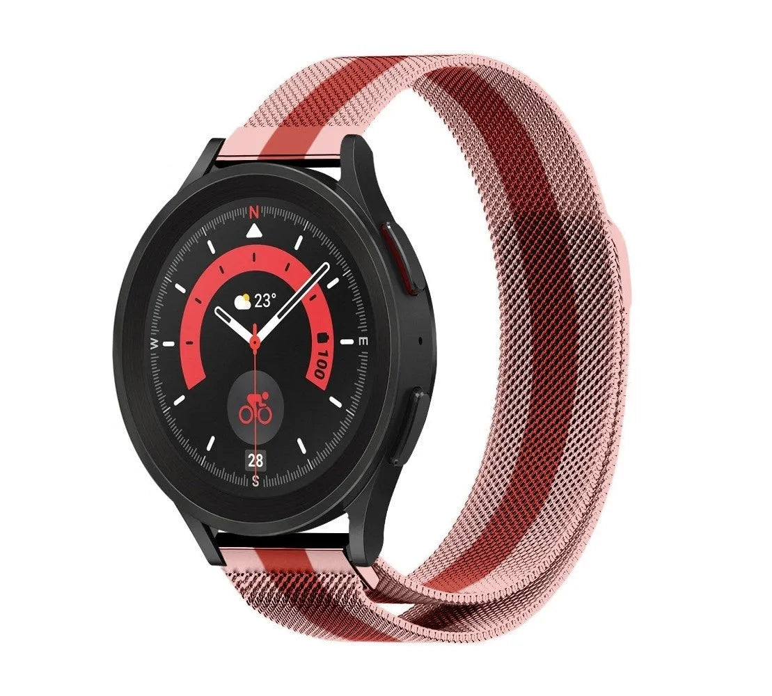 Milanese Strap, red/pink, on a watch, 3/4 front view