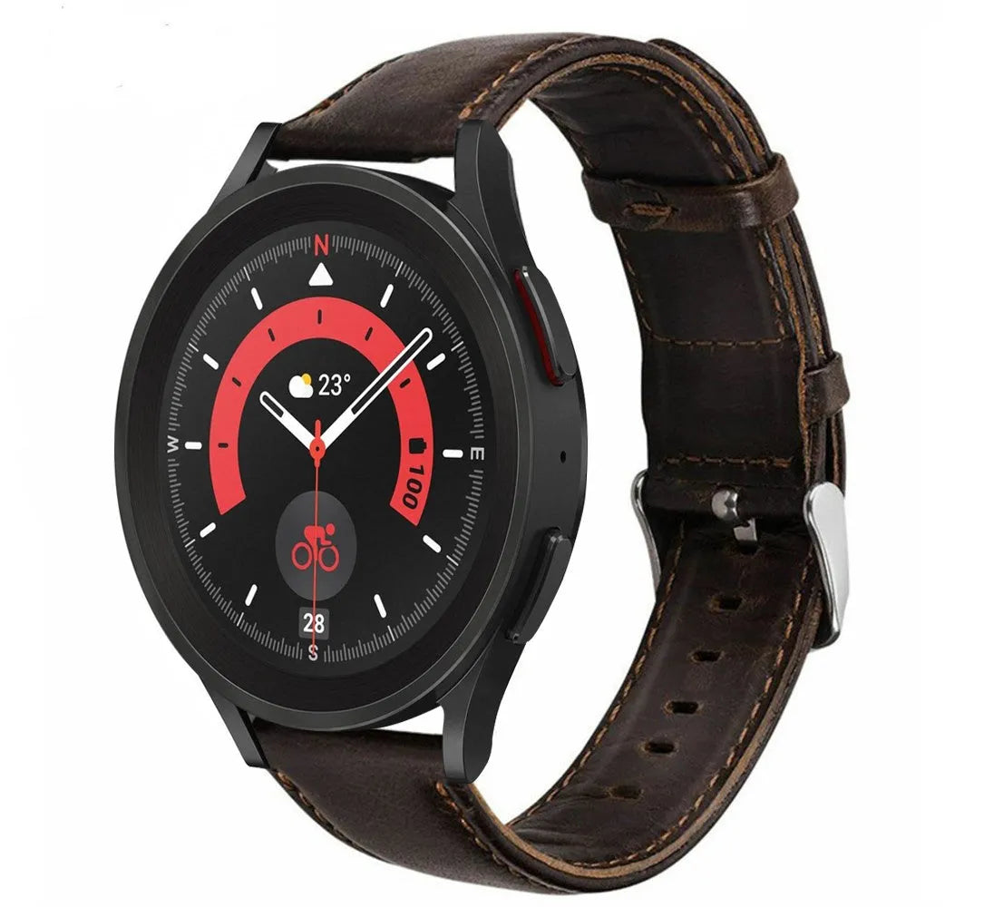 Leather Strap, dark brown, on a watch, 3/4 front view
