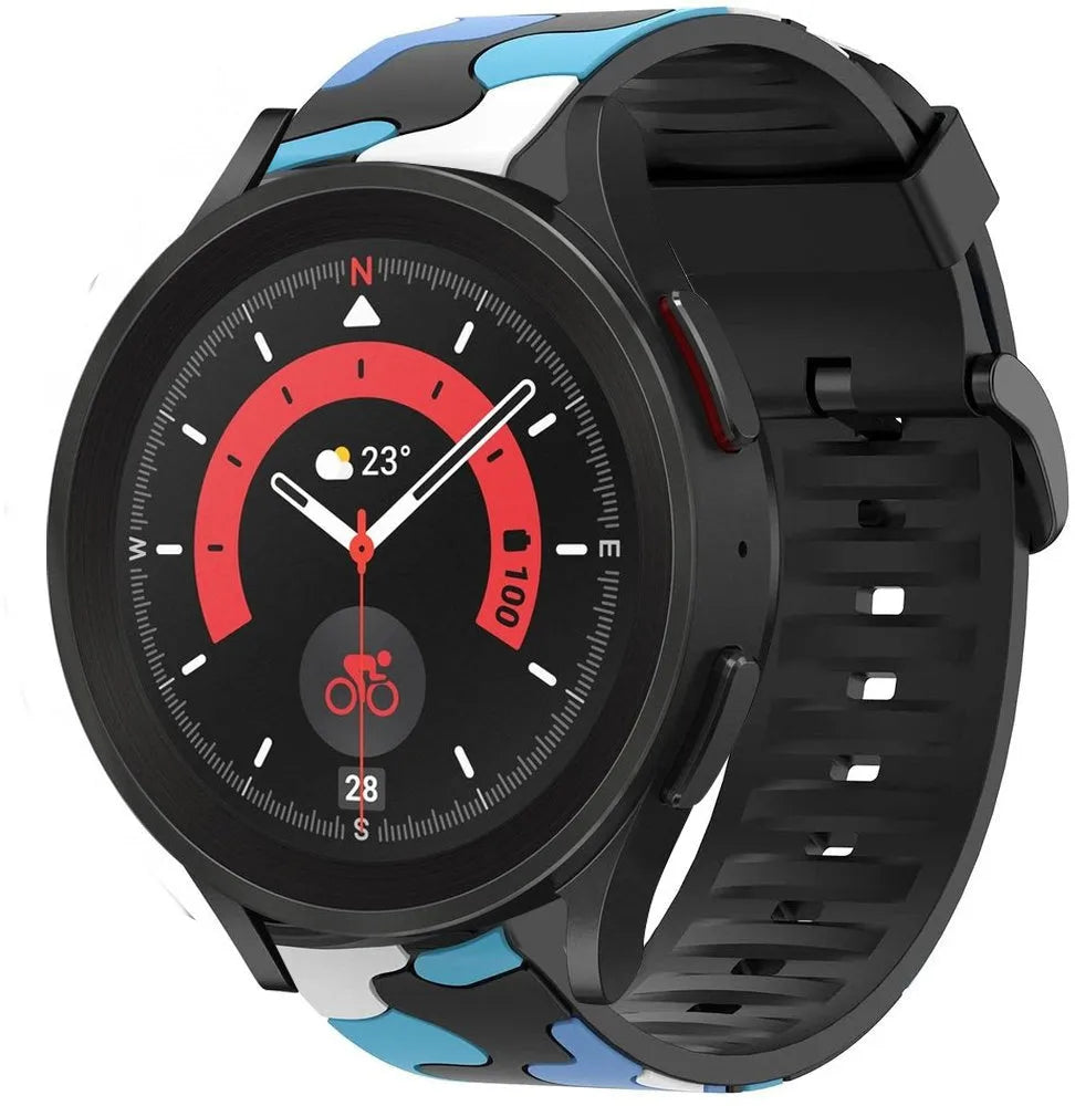 Silicone Camo Strap, blue, on a watch, 3/4 front view