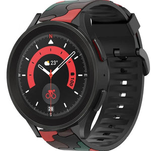 Silicone Camo Strap, red, on a watch, 3/4 front view