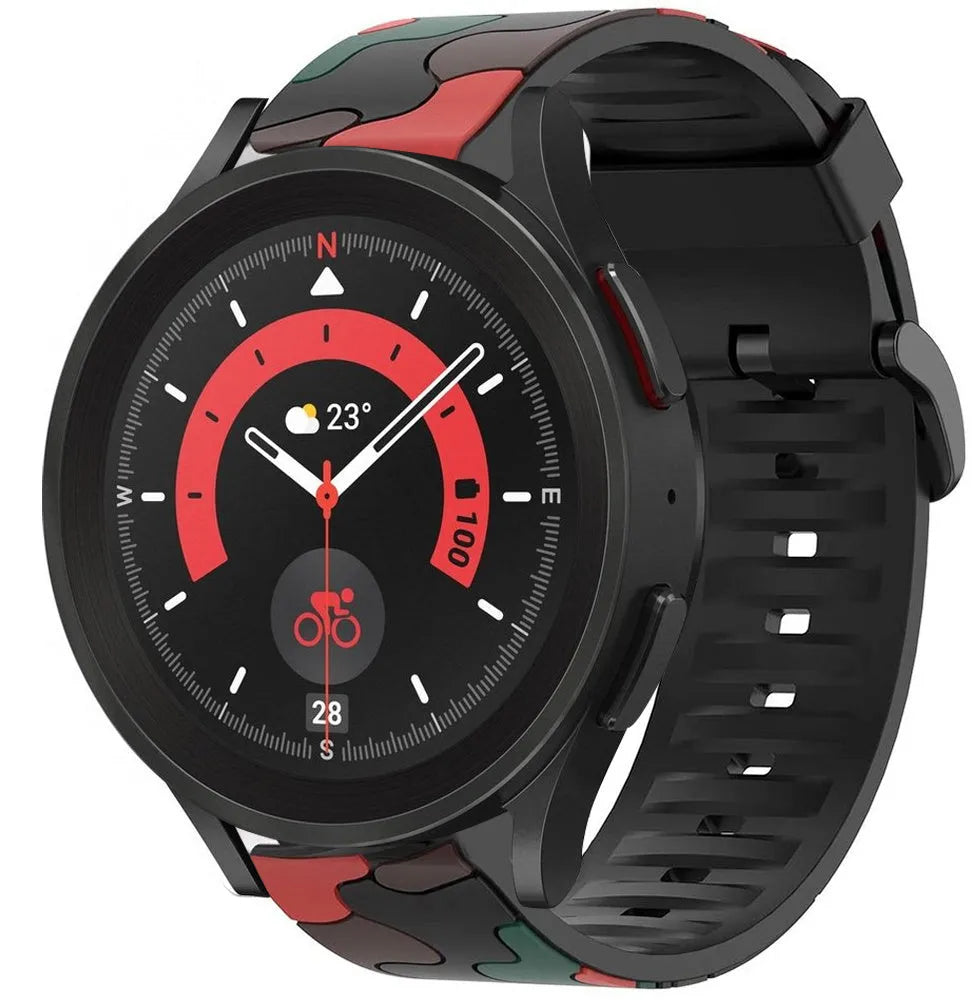 Silicone Camo Strap, red, on a watch, 3/4 front view