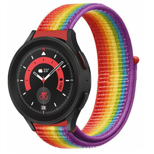 Nylon Strap, rainbow, on a watch, 3/4 front view