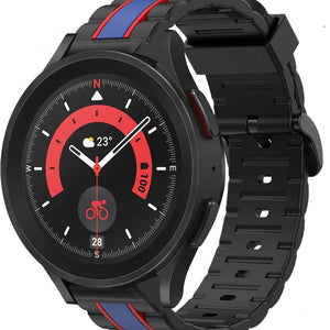 Silicone Special Edition Strap, black/blue, on a watch, 3/4 front view