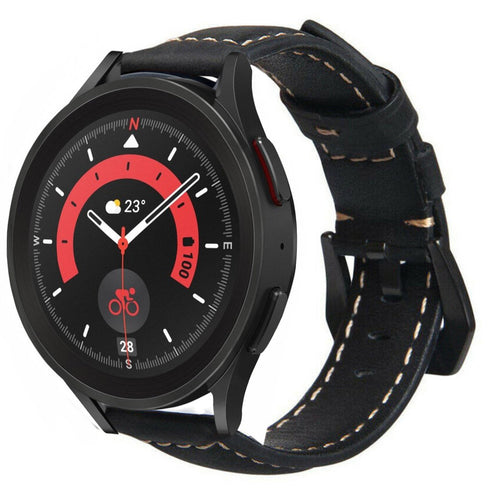 Leather Strap, black, on a watch, 3/4 front view