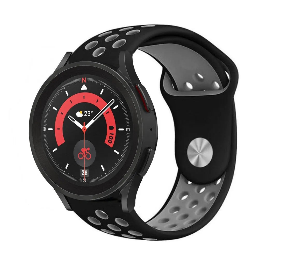 Silicone Sport Strap, black/grey, on a watch, 3/4 front view