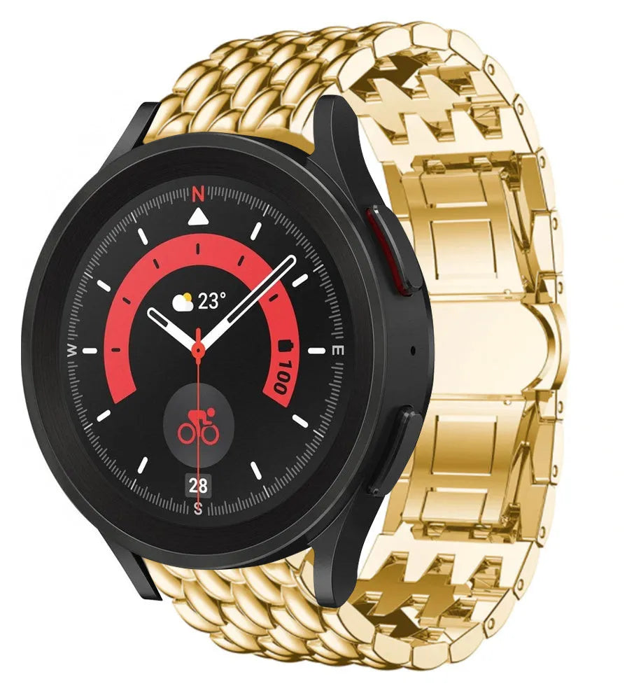 Steel Dragon Strap, gold, on a watch, 3/4 front view