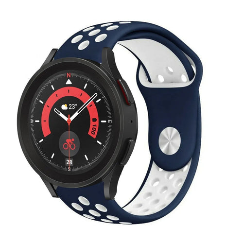 Silicone Sport Strap, blue/white, on a watch, 3/4 front view