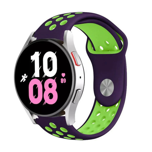 Silicone Sport Strap, purple/green, on a watch, 3/4 front view