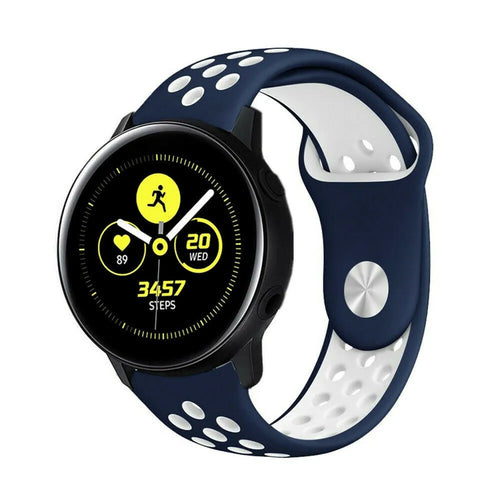 Silicone Sport Strap, blue/white, on a watch, 3/4 front view
