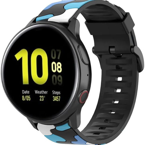 Silicone Camo Strap, blue, on a watch, 3/4 front view