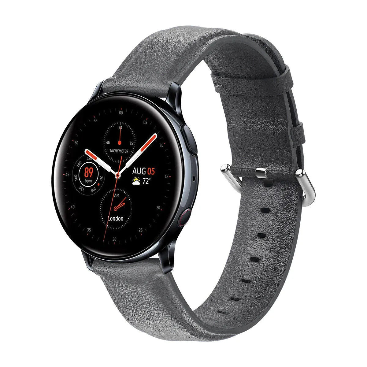 Leather Strap, dark grey, on a watch, 3/4 front view
