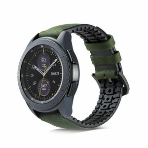 Leather Hybrid Strap, green, on a watch, 3/4 front view