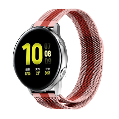 Milanese Strap, red/pink, on a watch, 3/4 front view