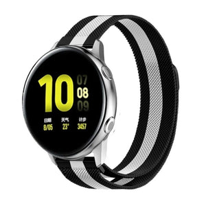 Milanese Strap, black/white, on a watch, 3/4 front view