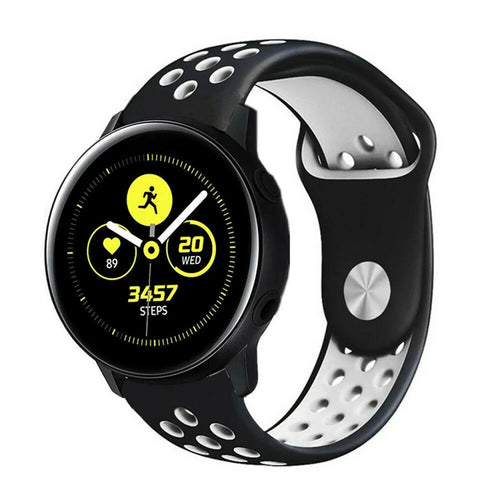 Silicone Sport Strap, black/white, on a watch, 3/4 front view