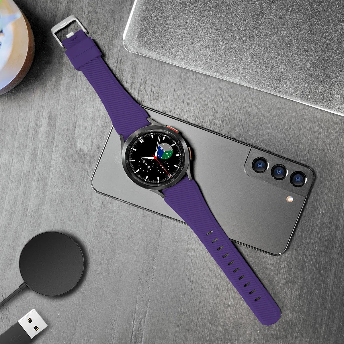 Twill Silicone Strap, purple, on a watch, 3/4 front view