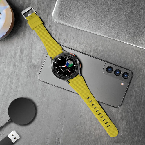 Twill Silicone Strap, yellow, on a watch, 3/4 front view