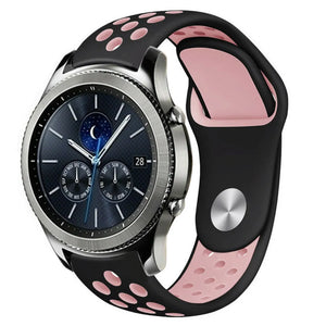 Silicone Sport Strap, black/pink, on a watch, 3/4 front view