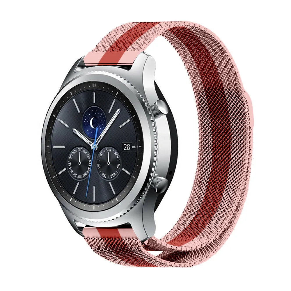 Milanese Strap, red/pink, on a watch, 3/4 front view