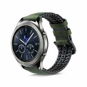 Leather Hybrid Strap, black/green, on a watch, 3/4 front view