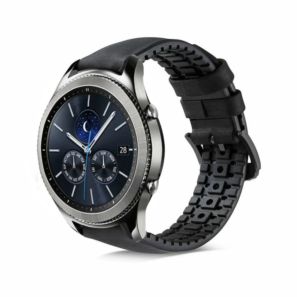 Leather Hybrid Strap, black, on a watch, 3/4 front view