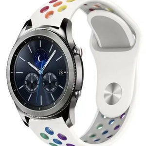 Silicone Sport Strap, white/colourful, on a watch, 3/4 front view
