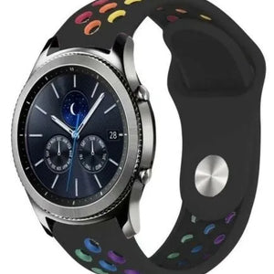 Silicone Sport Strap, black/colourful, on a watch, 3/4 front view