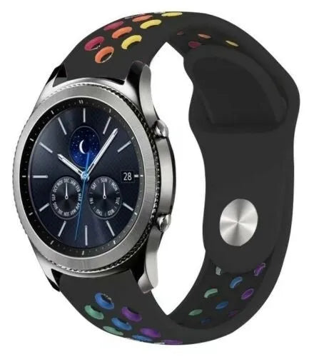 Silicone Sport Strap, black/colourful, on a watch, 3/4 front view