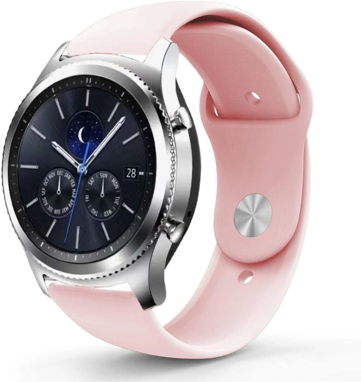 Silicone Sport Strap, pink, on a watch, 3/4 front view