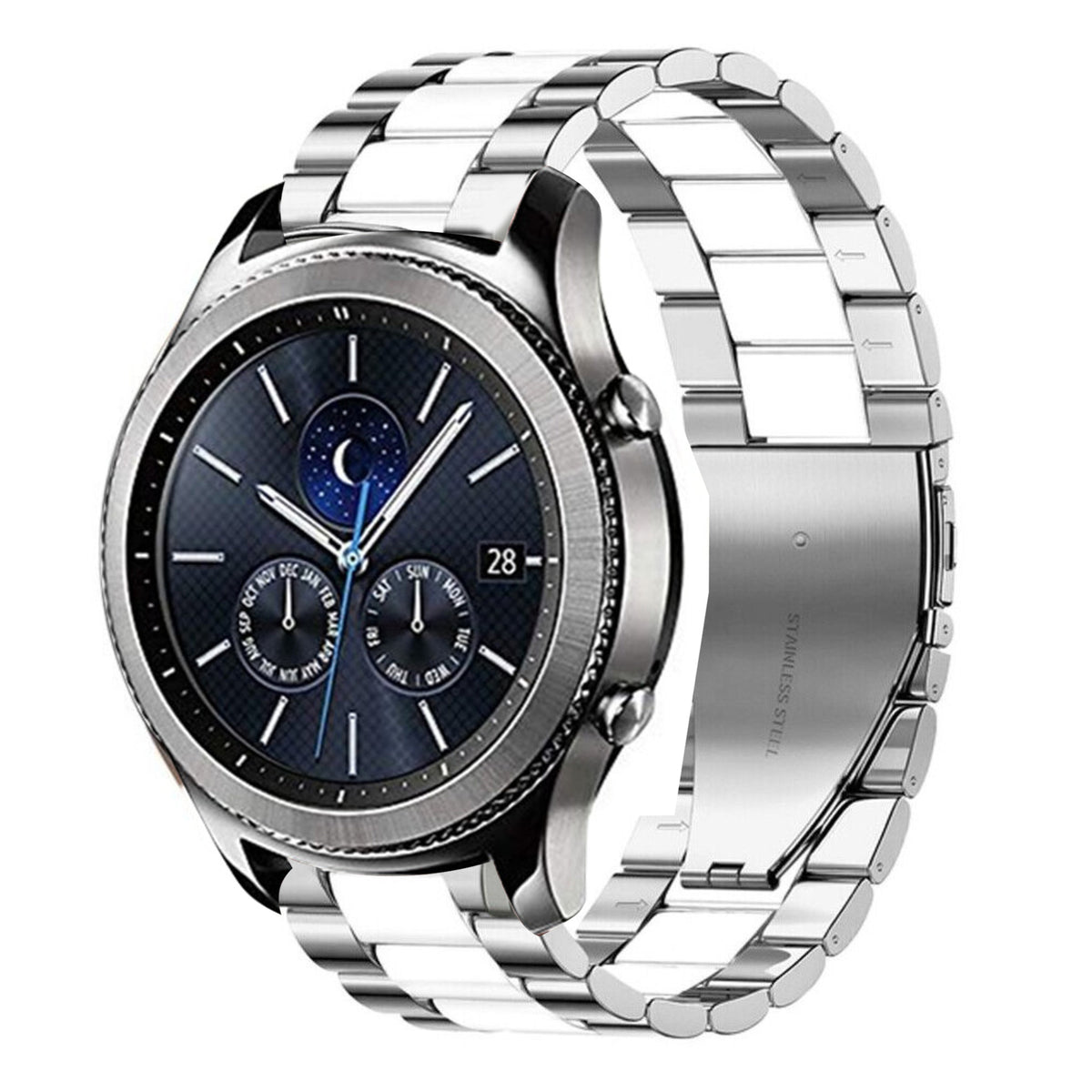 Steel Strap, silver/white, on a watch, 3/4 front view