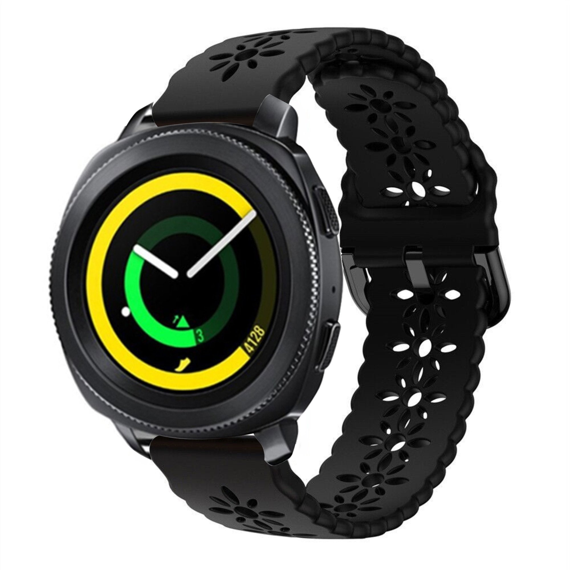 Patterned Silicone Strap, black, on a watch, 3/4 front view
