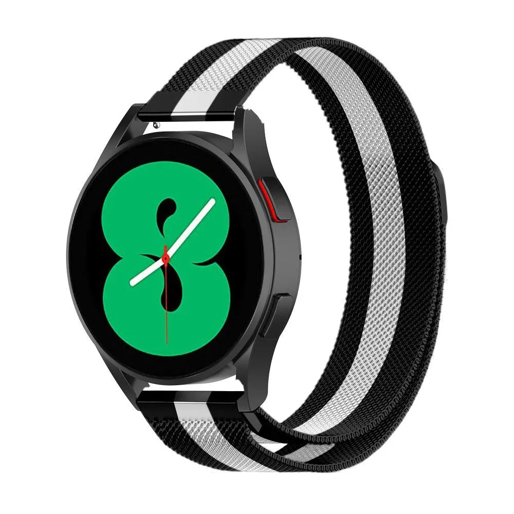 Milanese Strap, black/white, on a watch, 3/4 front view