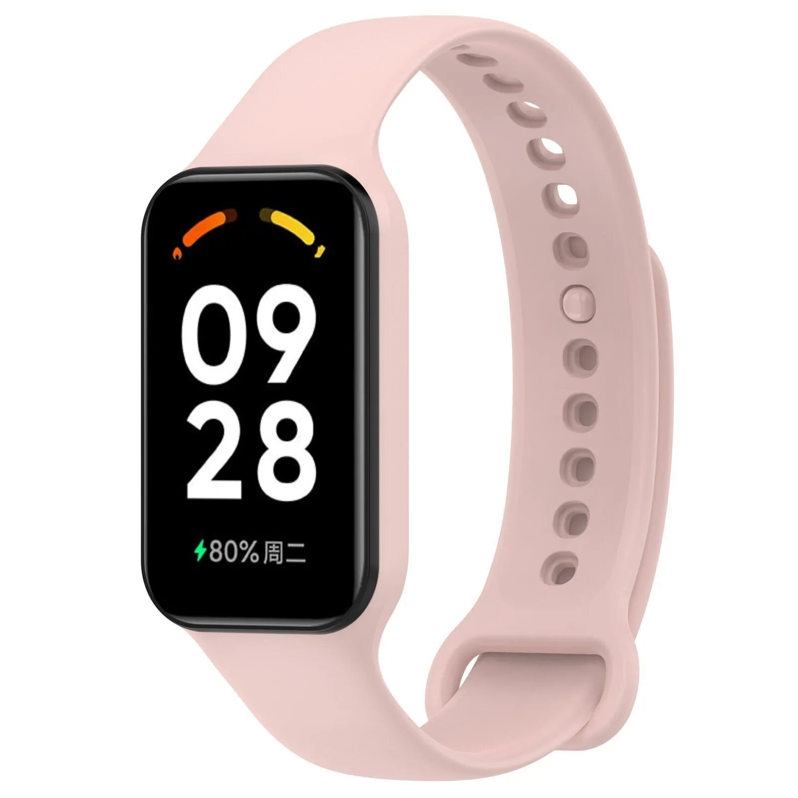 Silicone Strap, pink, on a watch, 3/4 front view