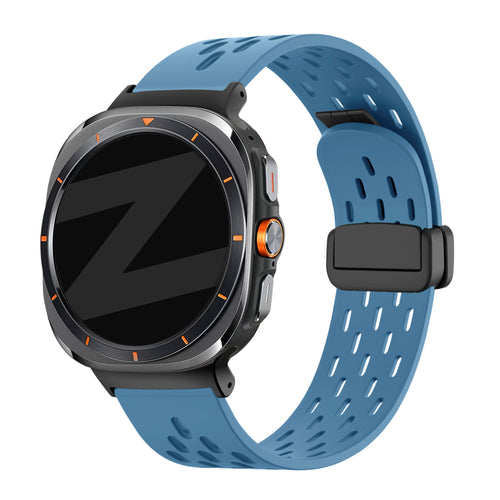 Silicone D-Buckle Sport Strap 'Air', grey-blue, on a watch, 3/4 front view
