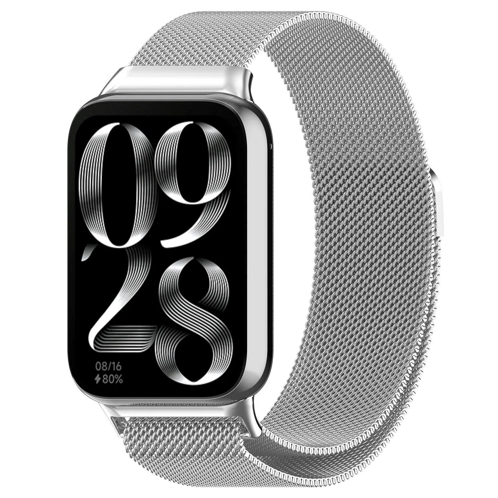 Milanese Strap, silver, on a watch, 3/4 front view