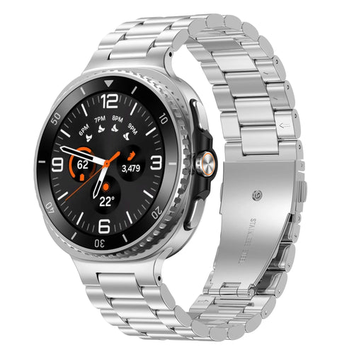 Steel Strap, silver, on a watch, 3/4 front view