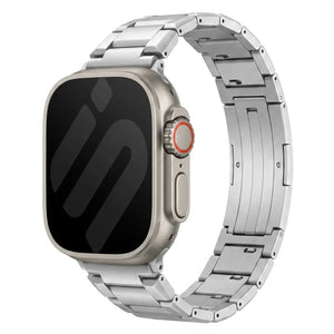 Refined Titanium Strap, silver, on a watch, 3/4 front view